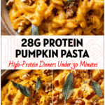 Bowl of creamy pumpkin vodka pasta with crispy sage and walnuts, a cozy autumn pasta recipe perfect for fall dinners.